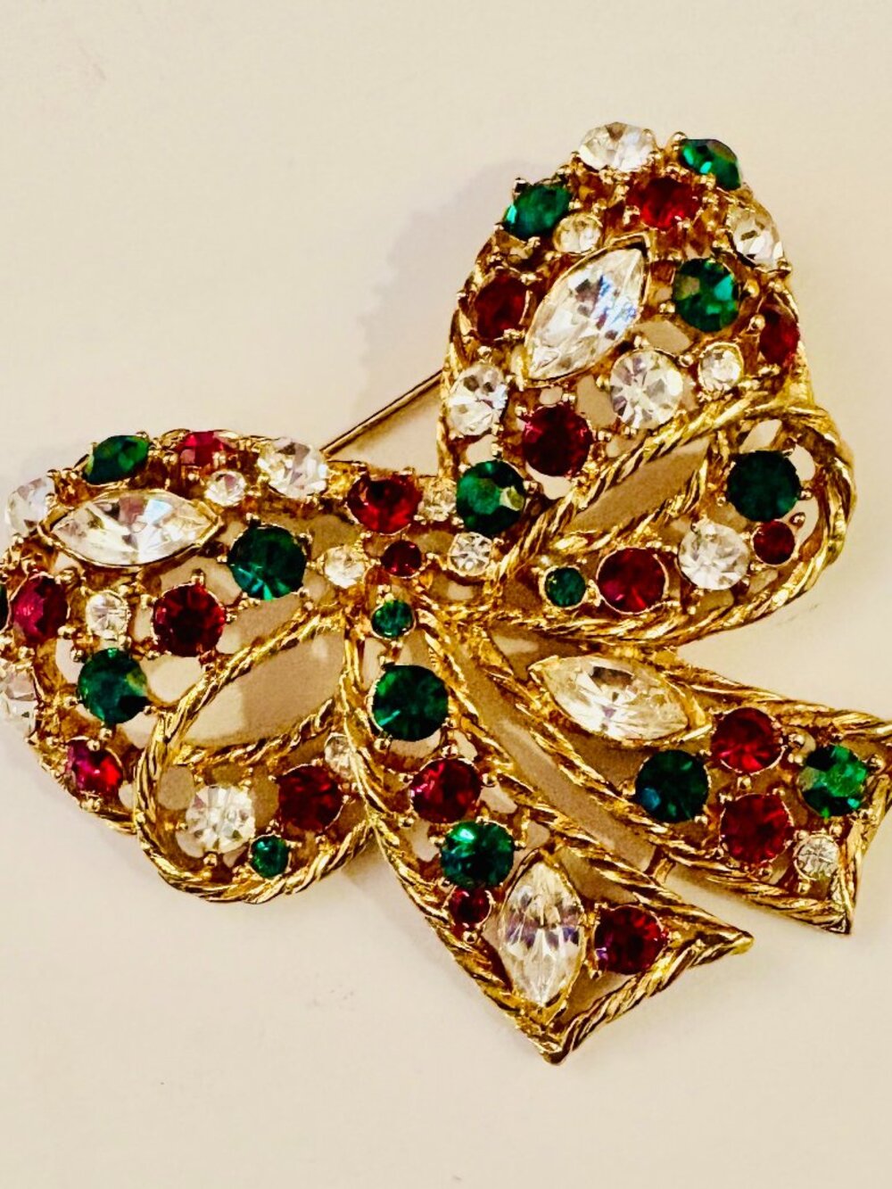 Rare Vintage M. Jent Signed Rhinestone Bow Brooch Red Green Clear Gold Tone